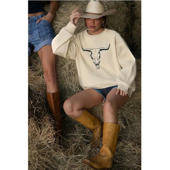 Womens Apricot 2 Cowgirl Rodeo Western Country Concert Boho Cow Skull Sweatshirt - Picture 4 of 4